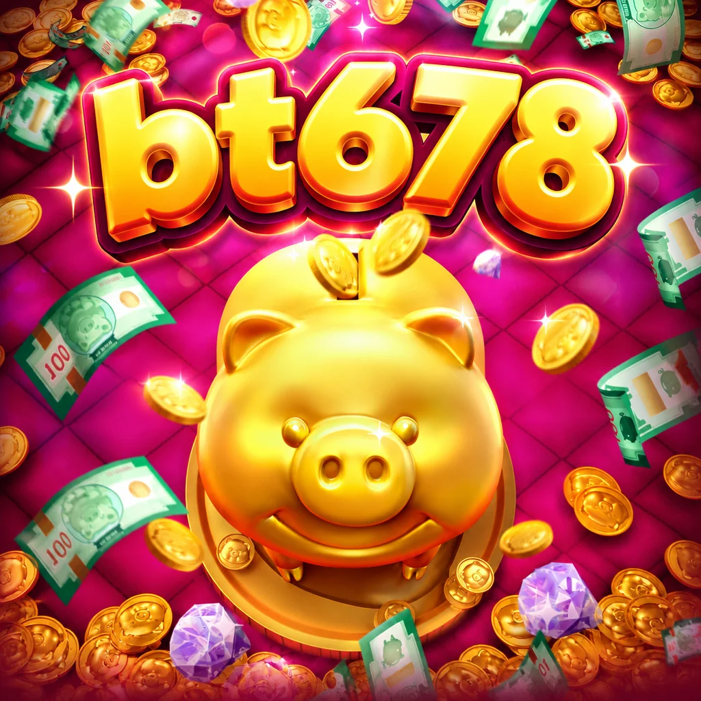 bt678 กระปุกออมสินหมูสีทองท่ามกลางเหรียญทองและธนบัตรในเกม Lucky Piggy